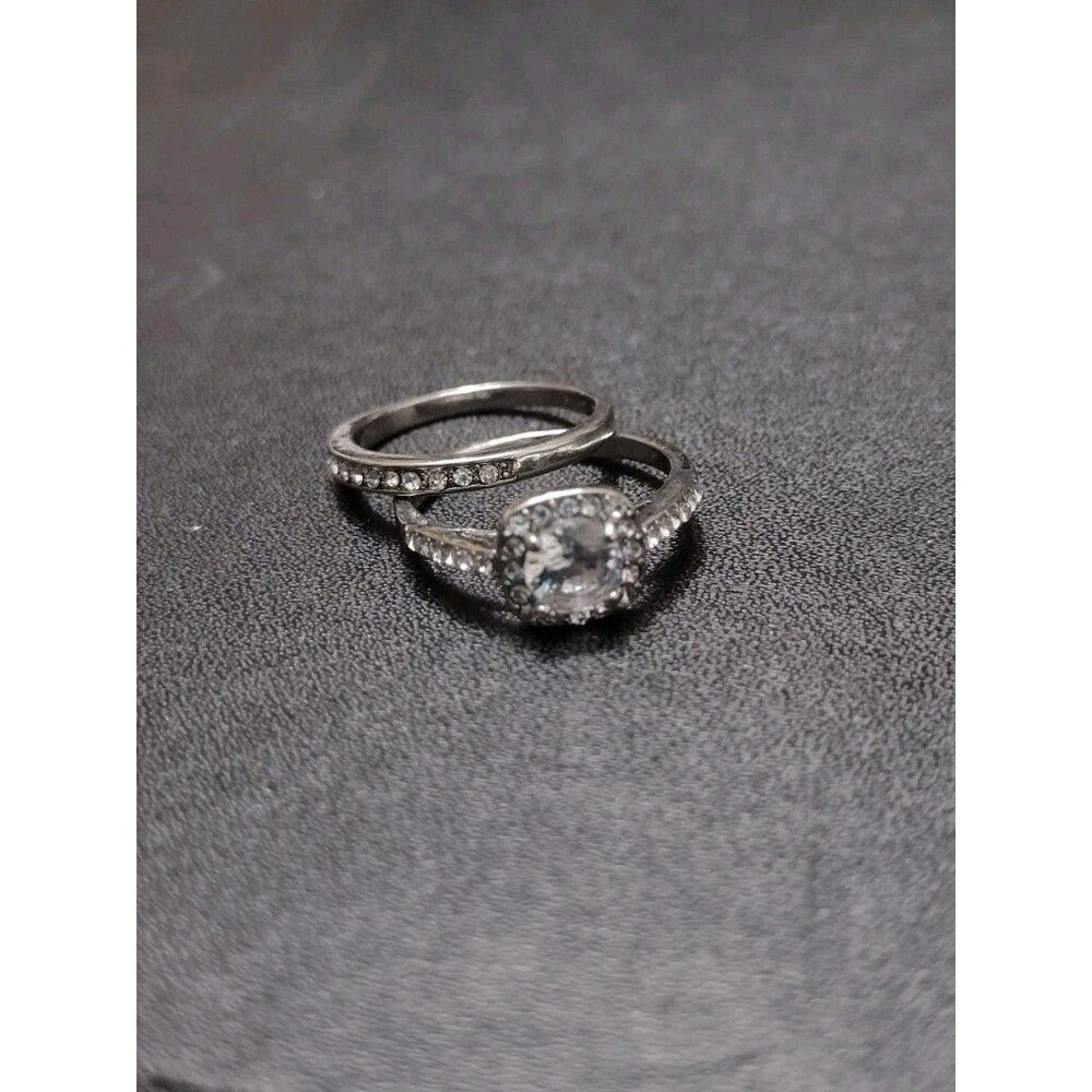 Silver Tone Engagement Ring Set Wedding Promise Clear Rhinestone Size 7.75